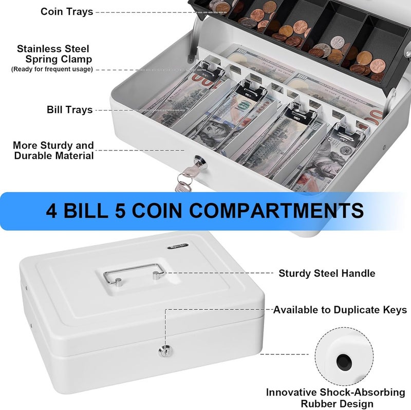 Sgorlds Cash Box Key Lock on Side, Cash Box with Money Tray & Key Lock 4 Bill 5 Coin Slots,Large Safe Lock Box with Key,Metal Money Saving Organizer for Security 11.8L x 9.5W x 3.5H Inches, White - Image 5